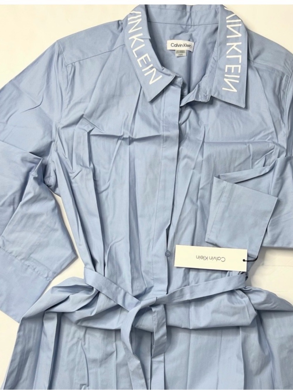 Calvin Klein Baby Blue Long Sleeve Shirt Dress with Logo Collar